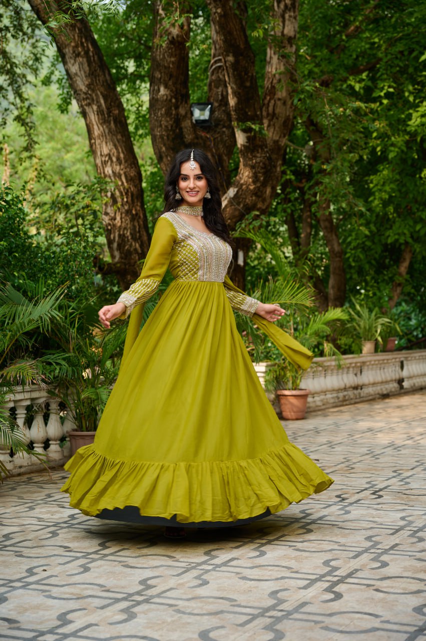 Parrot Green Elegant Star Georgette Embroidered Gown with Dupatta – Beads & Sequins Work ClothsVilla