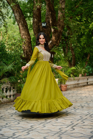 Parrot Green Elegant Star Georgette Embroidered Gown with Dupatta – Beads & Sequins Work ClothsVilla