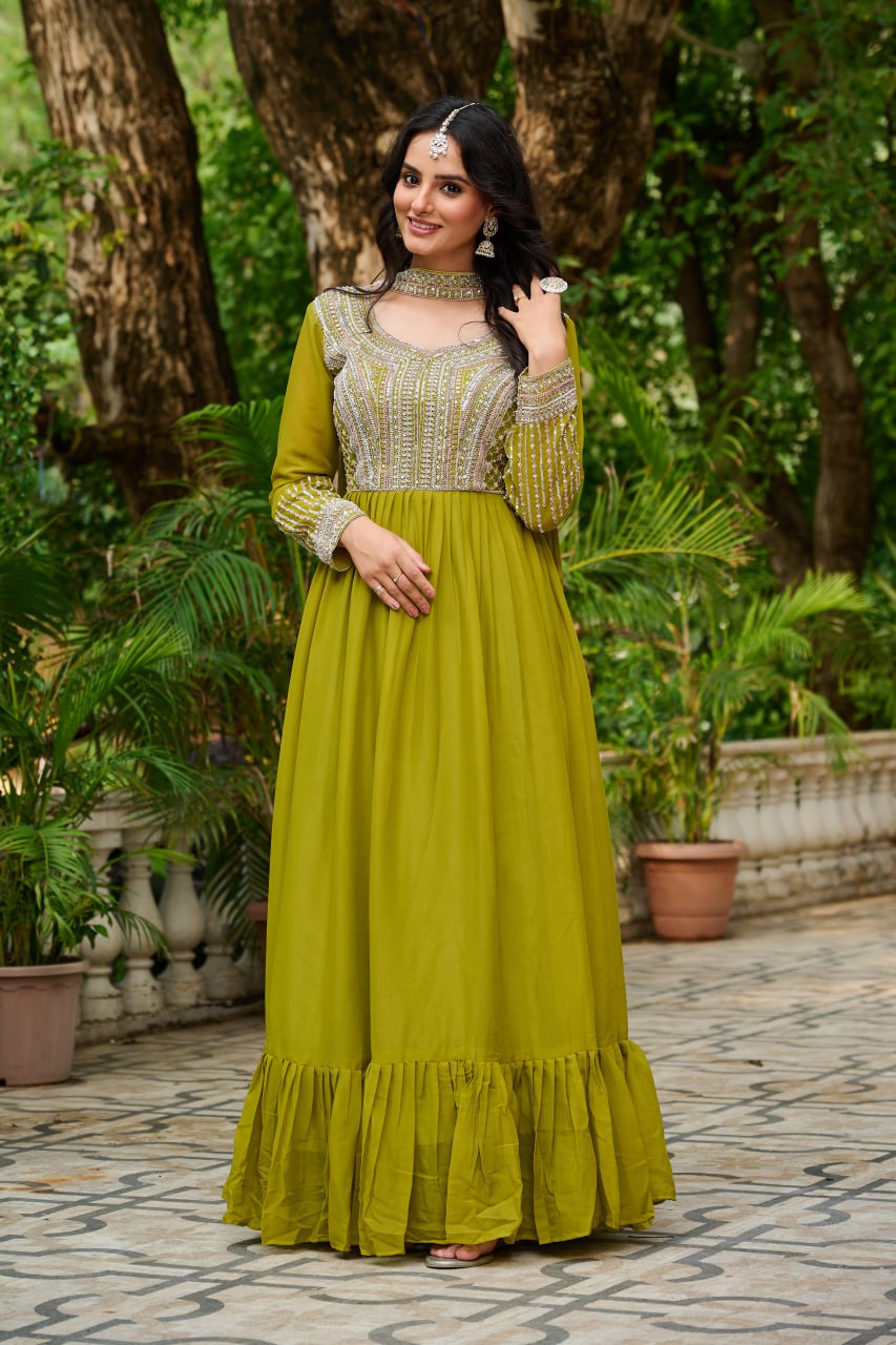 Parrot Green Elegant Star Georgette Embroidered Gown with Dupatta – Beads & Sequins Work ClothsVilla