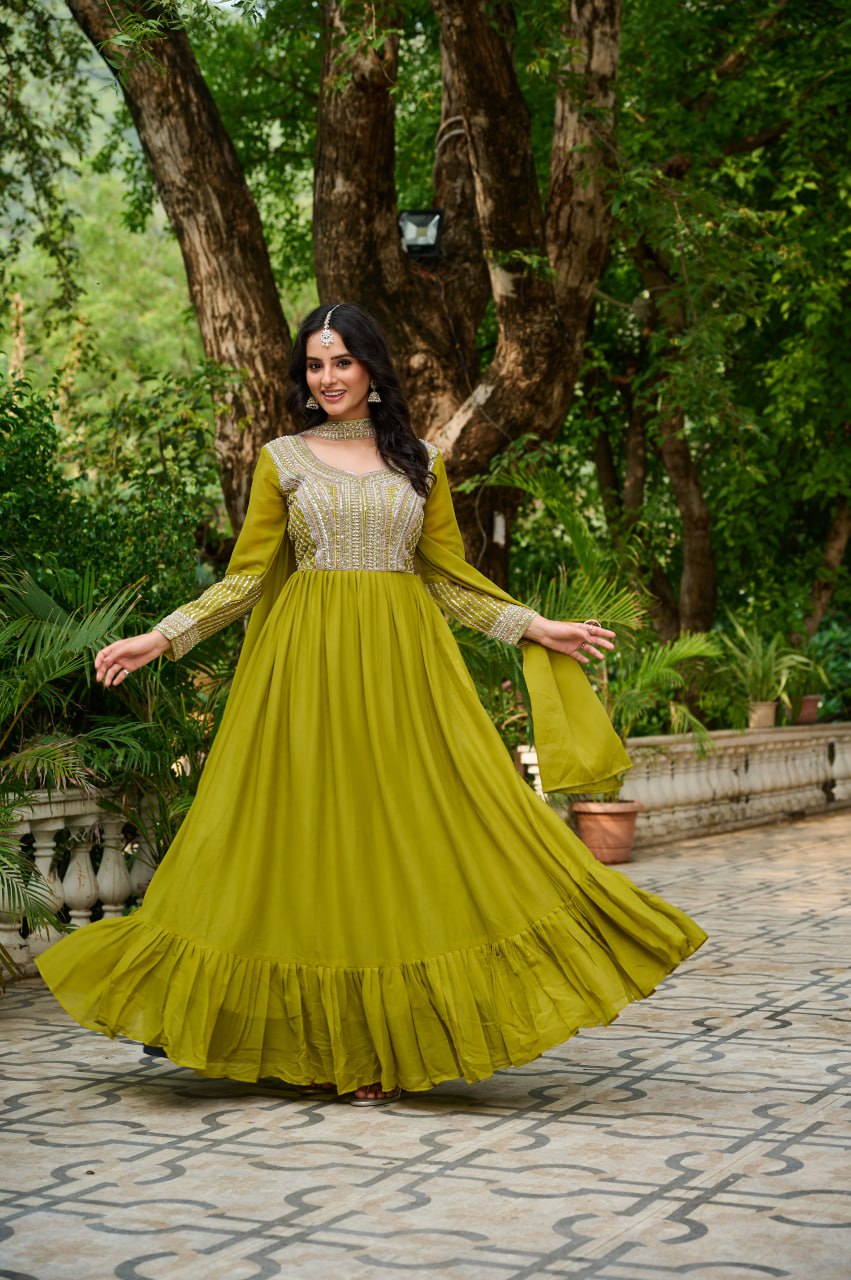 Parrot Green Elegant Star Georgette Embroidered Gown with Dupatta – Beads & Sequins Work ClothsVilla