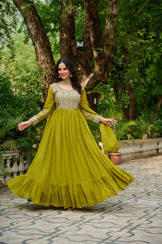 Parrot Green Elegant Star Georgette Embroidered Gown with Dupatta – Beads & Sequins Work ClothsVilla