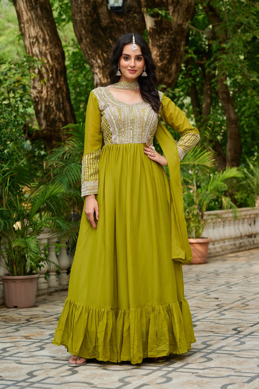 Parrot Green Elegant Star Georgette Embroidered Gown with Dupatta – Beads & Sequins Work ClothsVilla