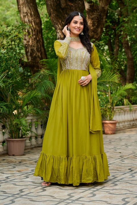 Parrot Green Elegant Star Georgette Embroidered Gown with Dupatta – Beads & Sequins Work ClothsVilla Main image