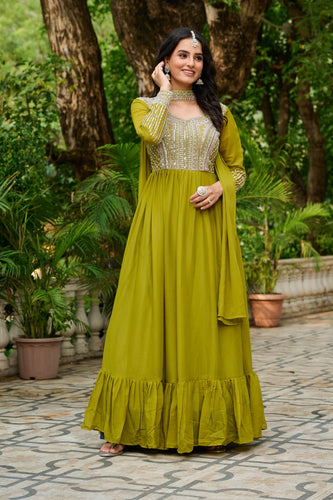 Parrot Green Elegant Star Georgette Embroidered Gown with Dupatta – Beads & Sequins Work ClothsVilla