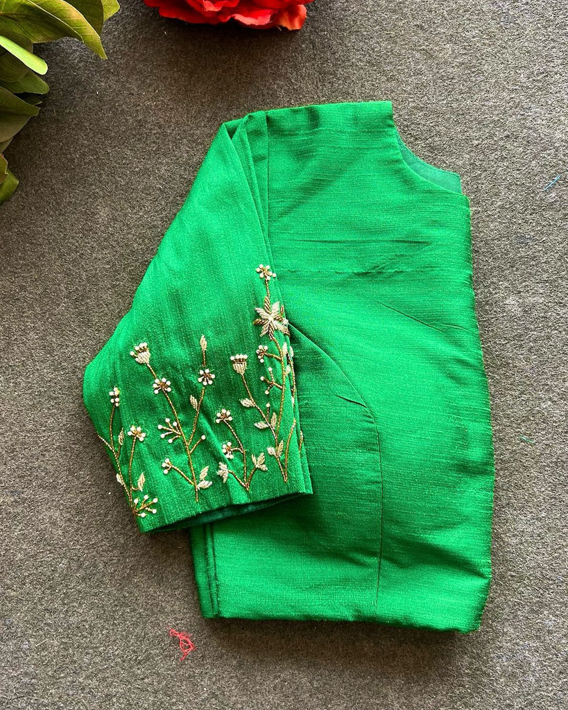 Light Green Elzara Silk Blouse with Beautiful Handwork on Sleeves ClothsVilla