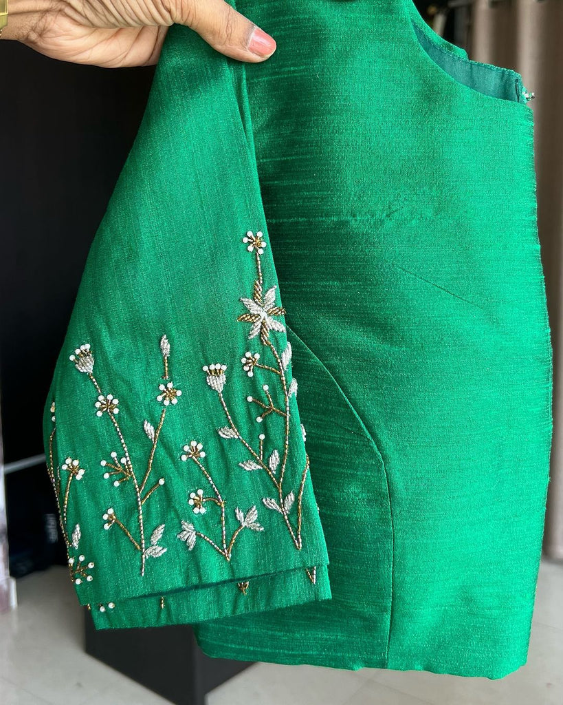 Light Green Elzara Silk Blouse with Beautiful Handwork on Sleeves ClothsVilla