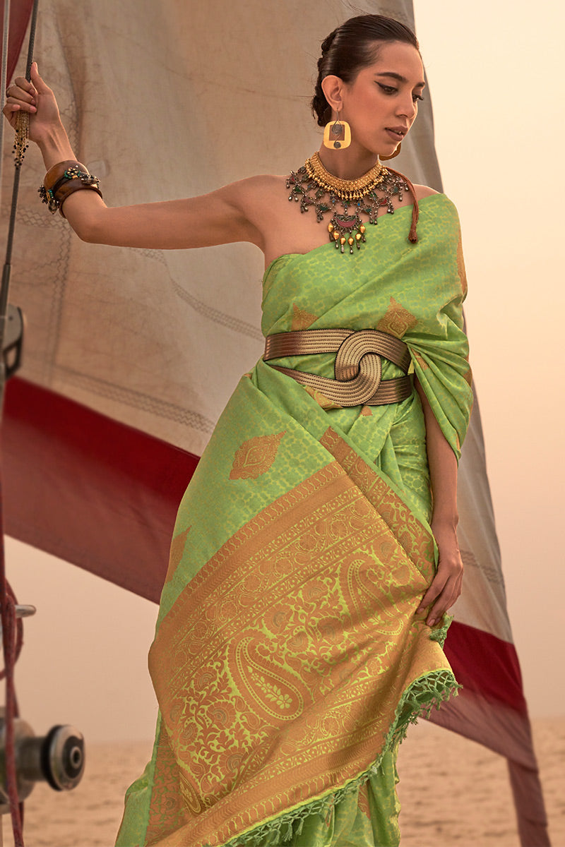 Light Green Graceful Silk Blend Kanjivaram Saree with Tassel Detailing ClothsVilla