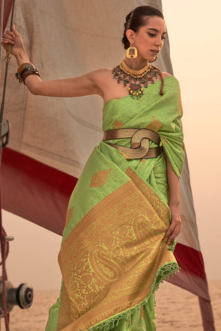 Light Green Graceful Silk Blend Kanjivaram Saree with Tassel Detailing ClothsVilla
