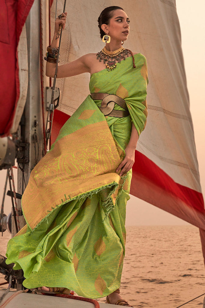 Light Green Graceful Silk Blend Kanjivaram Saree with Tassel Detailing ClothsVilla