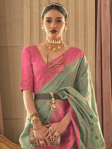 Light Green Graceful Woven Banarasi Silk Blend Saree with Tassel Detailing ClothsVilla