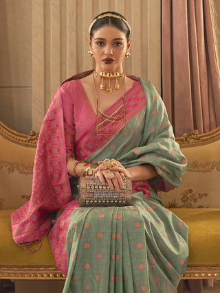 Light Green Graceful Woven Banarasi Silk Blend Saree with Tassel Detailing ClothsVilla
