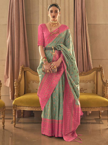 Light Green Graceful Woven Banarasi Silk Blend Saree with Tassel Detailing ClothsVilla