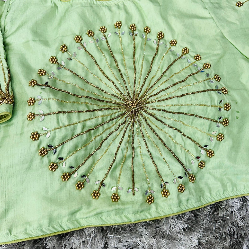 Light Green Handcrafted tumtum silk Golden Blouse with Ambla Mirror Accents ClothsVilla