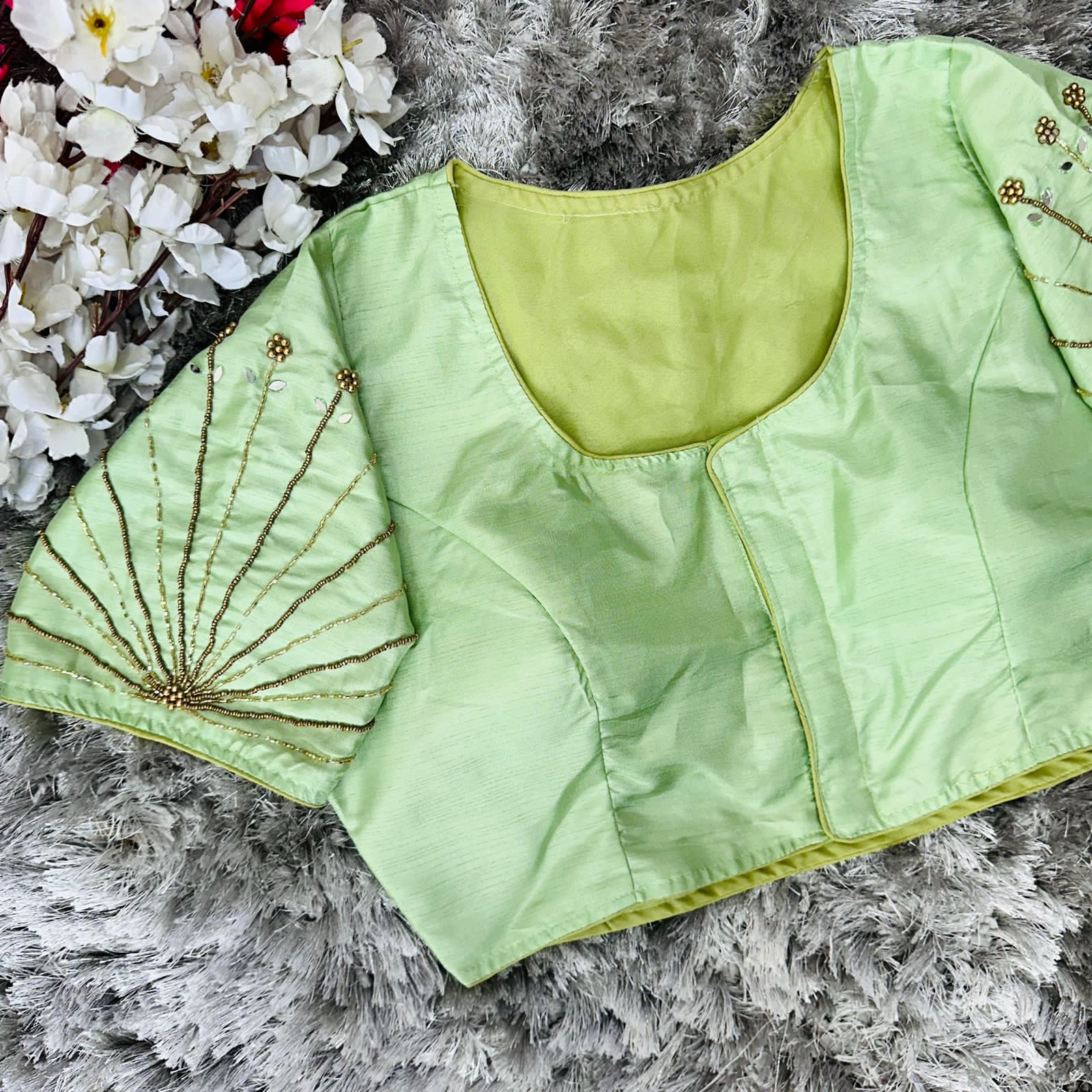 Light Green Handcrafted tumtum silk Golden Blouse with Ambla Mirror Accents ClothsVilla Main image