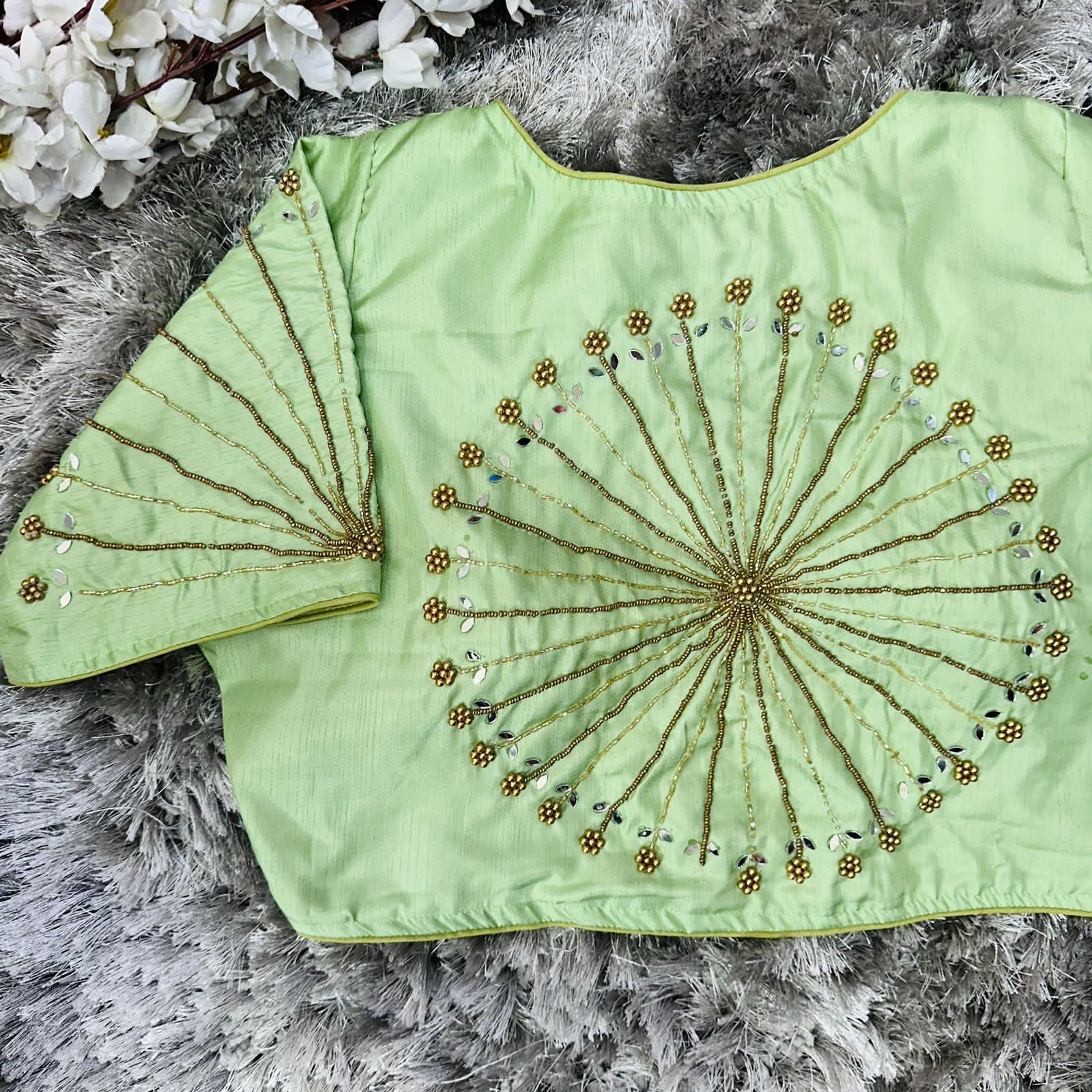 Light Green Handcrafted tumtum silk Golden Blouse with Ambla Mirror Accents Secondary image