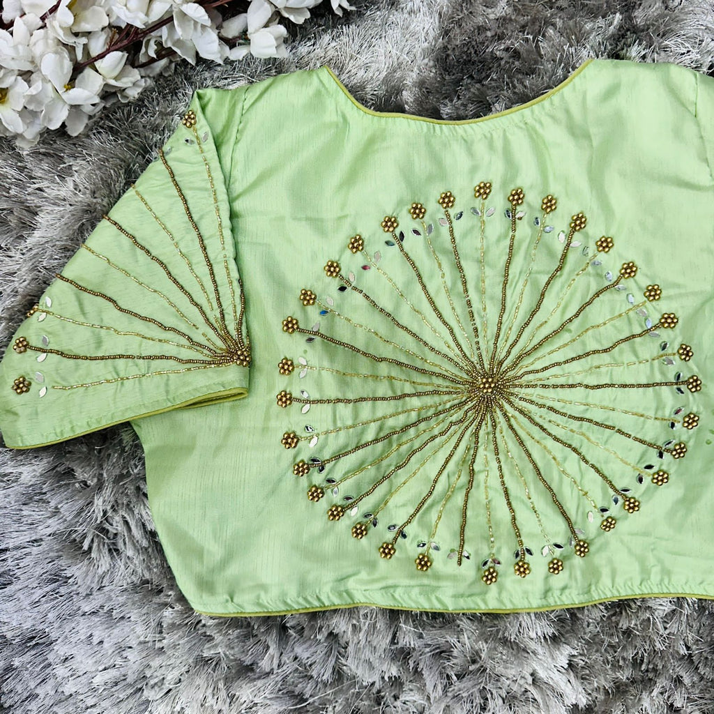 Light Green Handcrafted tumtum silk Golden Blouse with Ambla Mirror Accents ClothsVilla