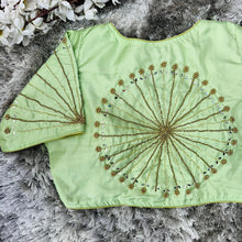 Load image into Gallery viewer, Light Green Handcrafted tumtum silk Golden Blouse with Ambla Mirror Accents ClothsVilla