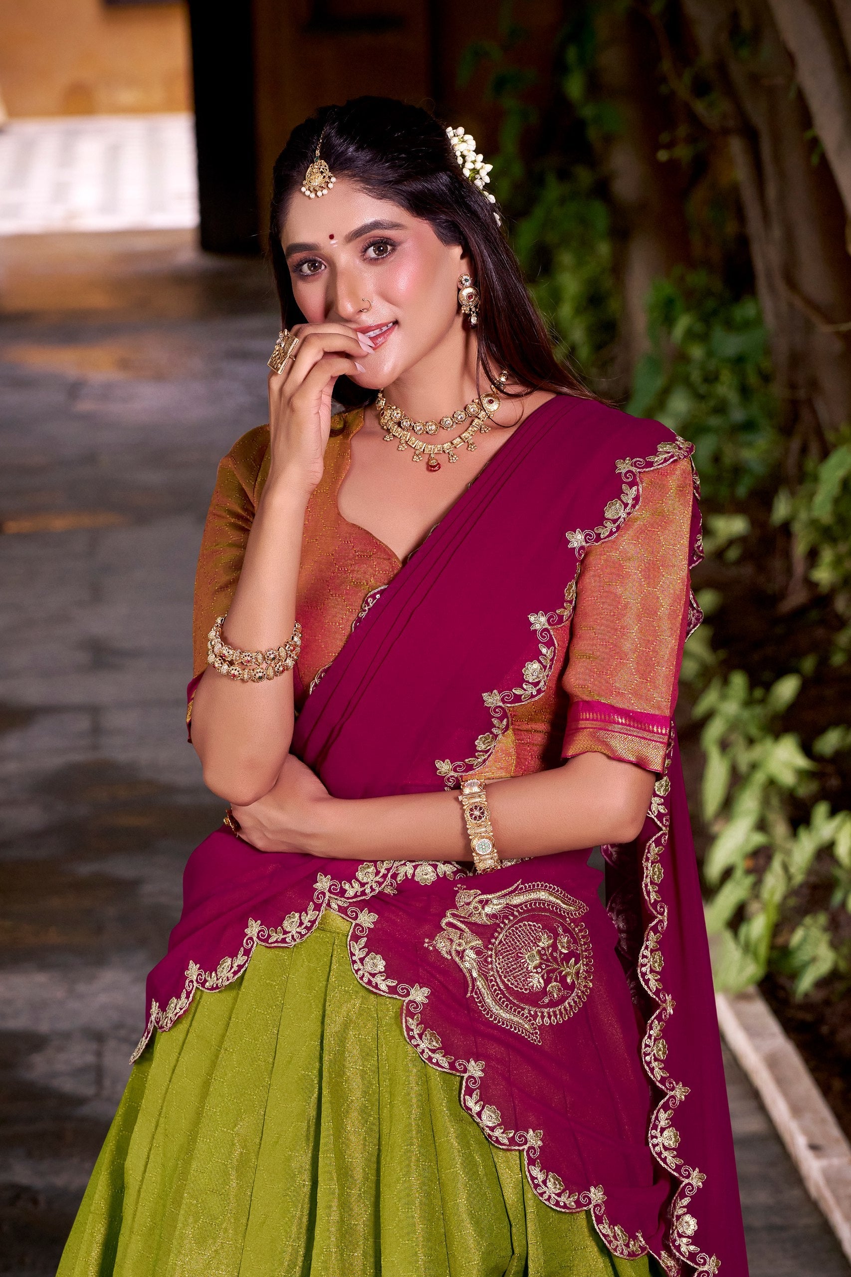 Light Green Kanchipuram Zari Weaving Lehenga with Rani Pink Embroidered Georgette Dupatta ClothsVilla