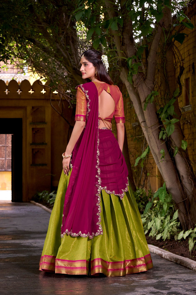 Light Green Kanchipuram Zari Weaving Lehenga with Rani Pink Embroidered Georgette Dupatta ClothsVilla