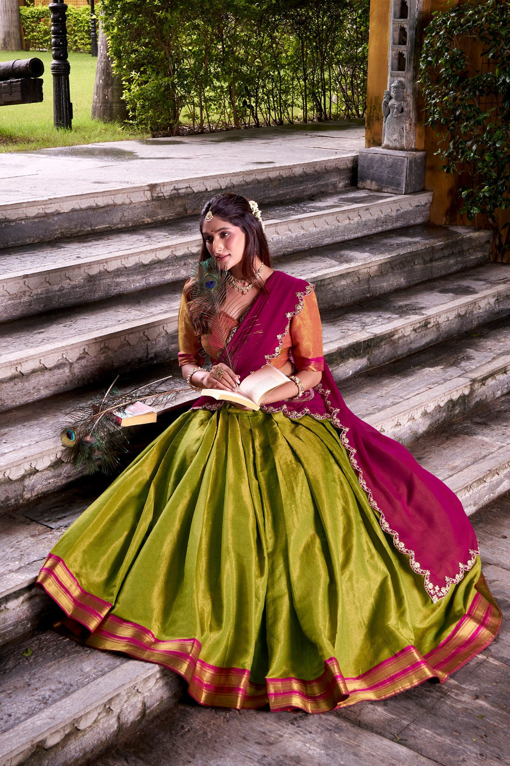 Light Green Kanchipuram Zari Weaving Lehenga with Rani Pink Embroidered Georgette Dupatta ClothsVilla