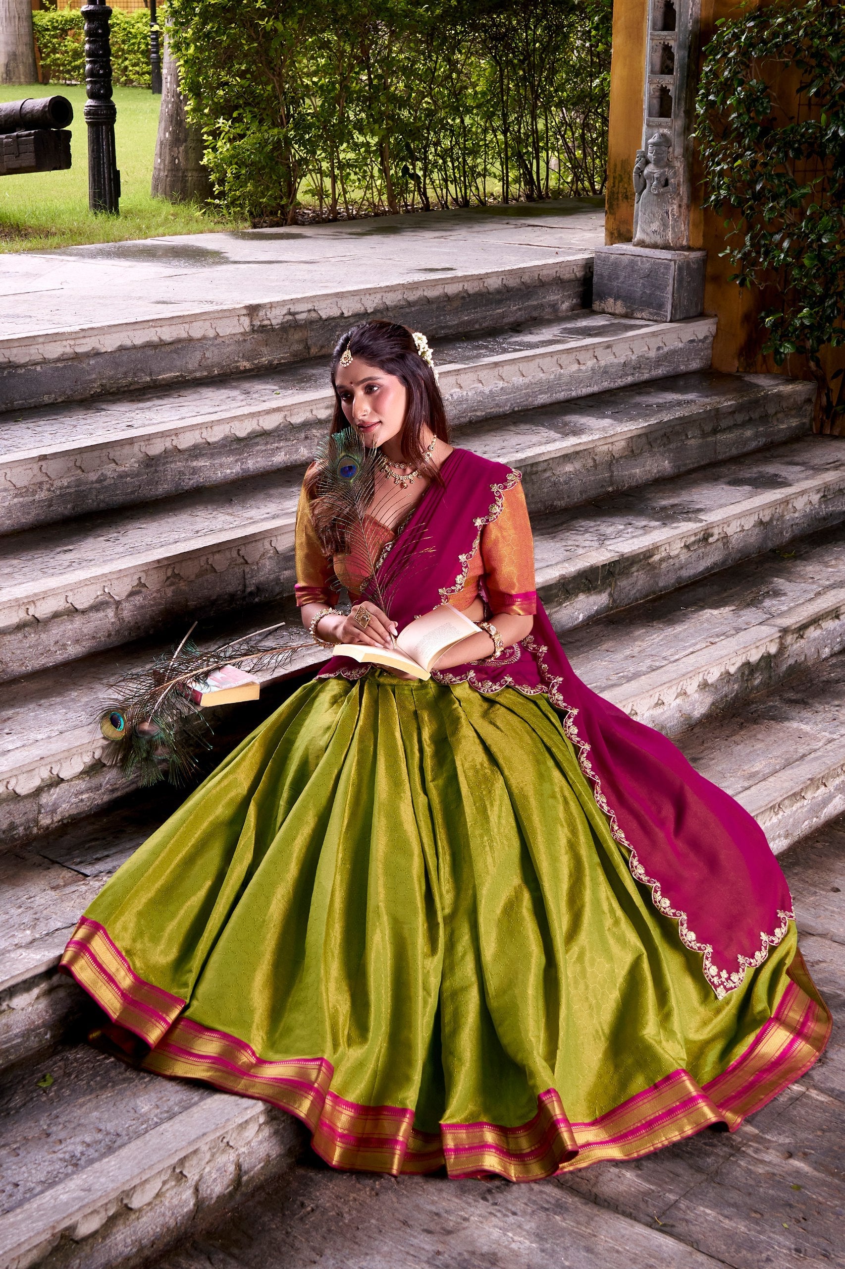 Light Green Kanchipuram Zari Weaving Lehenga with Rani Pink Embroidered Georgette Dupatta ClothsVilla