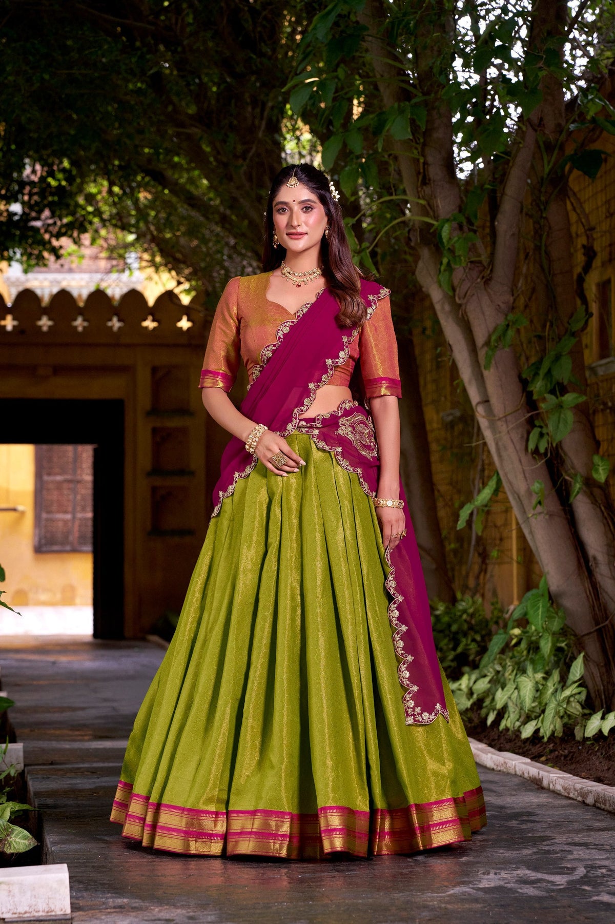 Light Green Kanchipuram Zari Weaving Lehenga with Rani Pink Embroidered Georgette Dupatta ClothsVilla Main image