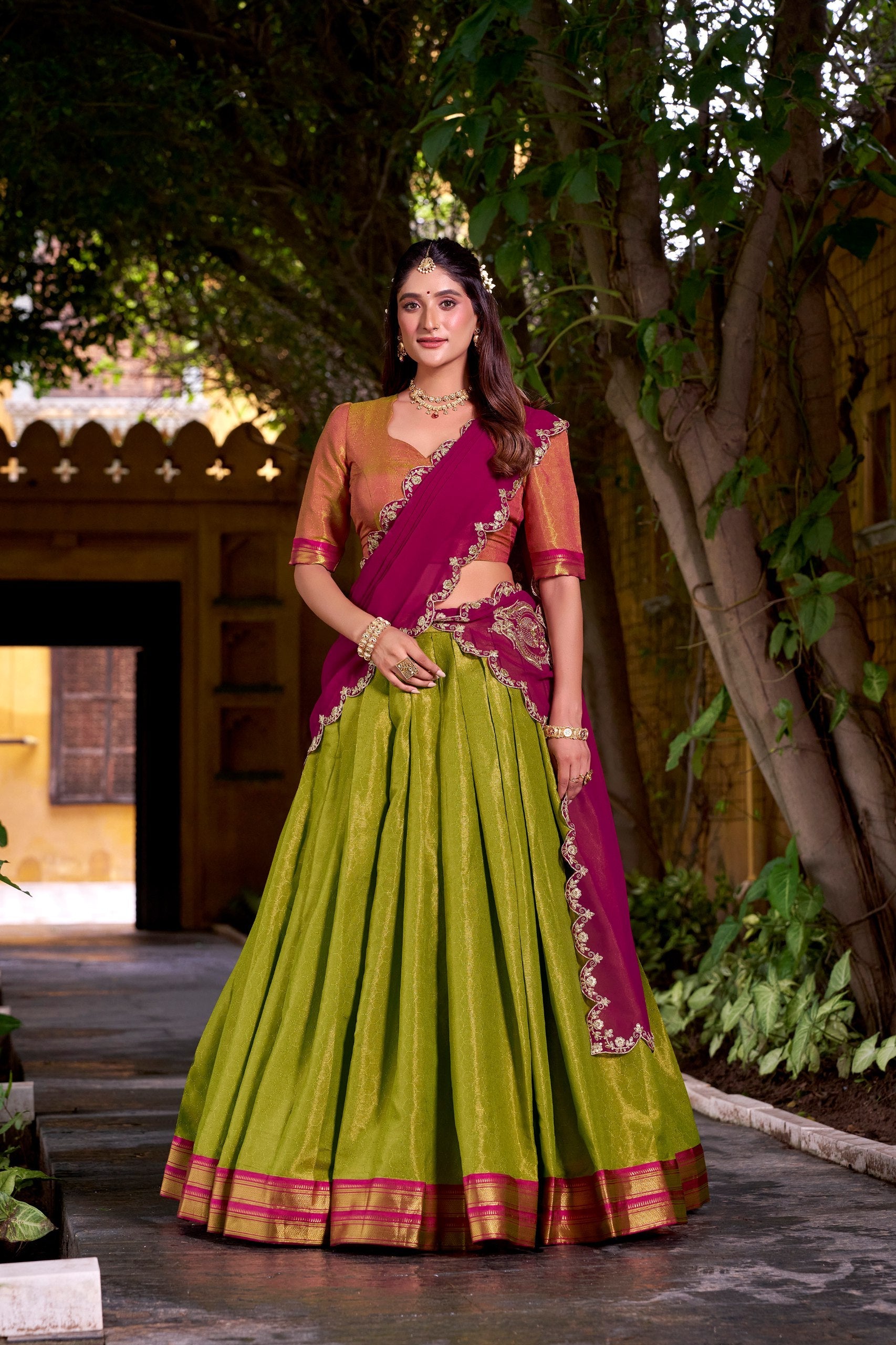 Light Green Kanchipuram Zari Weaving Lehenga with Rani Pink Embroidered Georgette Dupatta ClothsVilla Main image