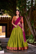 Load image into Gallery viewer, Light Green Kanchipuram Zari Weaving Lehenga with Rani Pink Embroidered Georgette Dupatta ClothsVilla