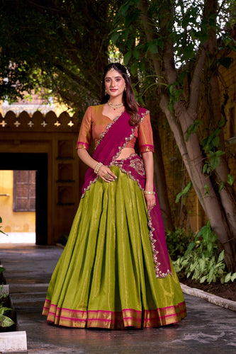 Light Green Kanchipuram Zari Weaving Lehenga with Rani Pink Embroidered Georgette Dupatta ClothsVilla