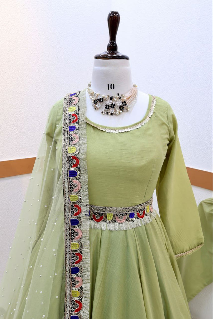 Light Green Luxurious Chinon Silk Embroidered Gown with Flowing 8 Meter Flair ClothsVilla