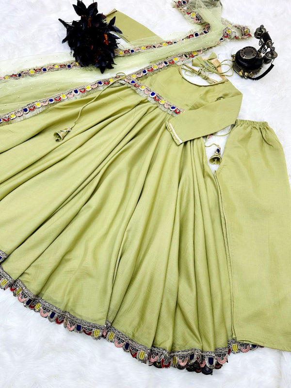 Light Green Luxurious Chinon Silk Embroidered Gown with Flowing 8 Meter Flair ClothsVilla