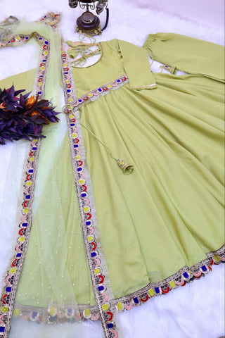 Light Green Luxurious Chinon Silk Embroidered Gown with Flowing 8 Meter Flair ClothsVilla