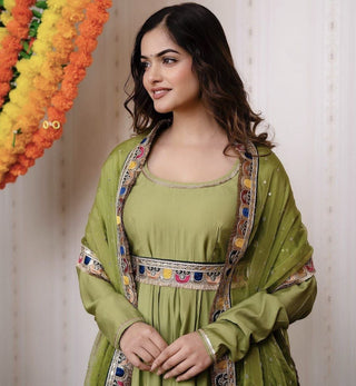 Light Green Luxurious Chinon Silk Embroidered Gown with Flowing 8 Meter Flair ClothsVilla