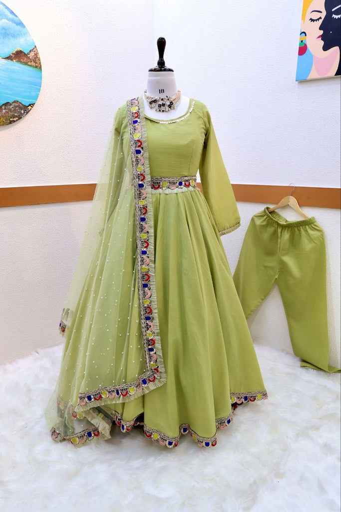 Light Green Luxurious Chinon Silk Embroidered Gown with Flowing 8 Meter Flair ClothsVilla