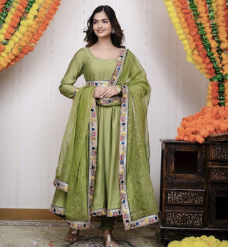Light Green Luxurious Chinon Silk Embroidered Gown with Flowing 8 Meter Flair ClothsVilla