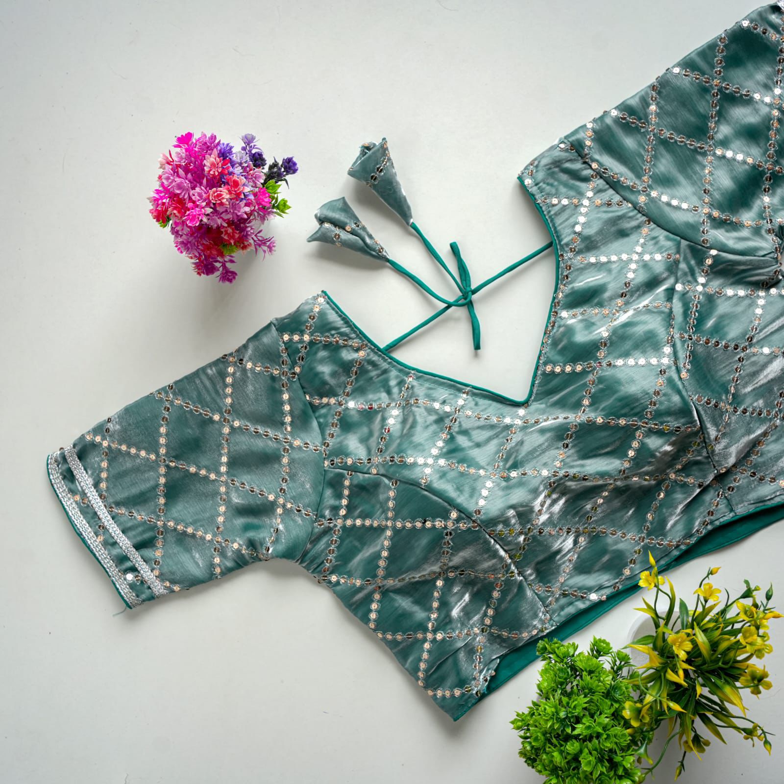 Light Green Metalic Jimmy Choo Blouse with Exquisite Sequence Embroidery ClothsVilla Main image