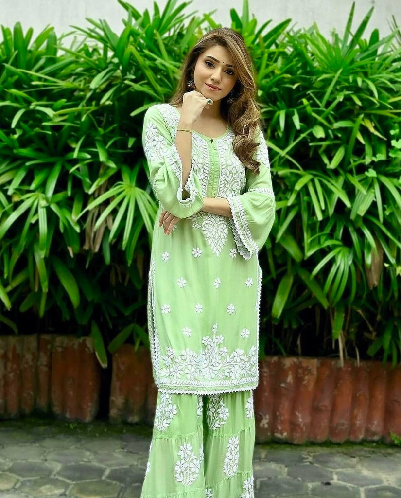 Light Green Premium Designer Rayon Top & Plazzo Set with Intricate Chickenkari Embroidery Clothsvilla