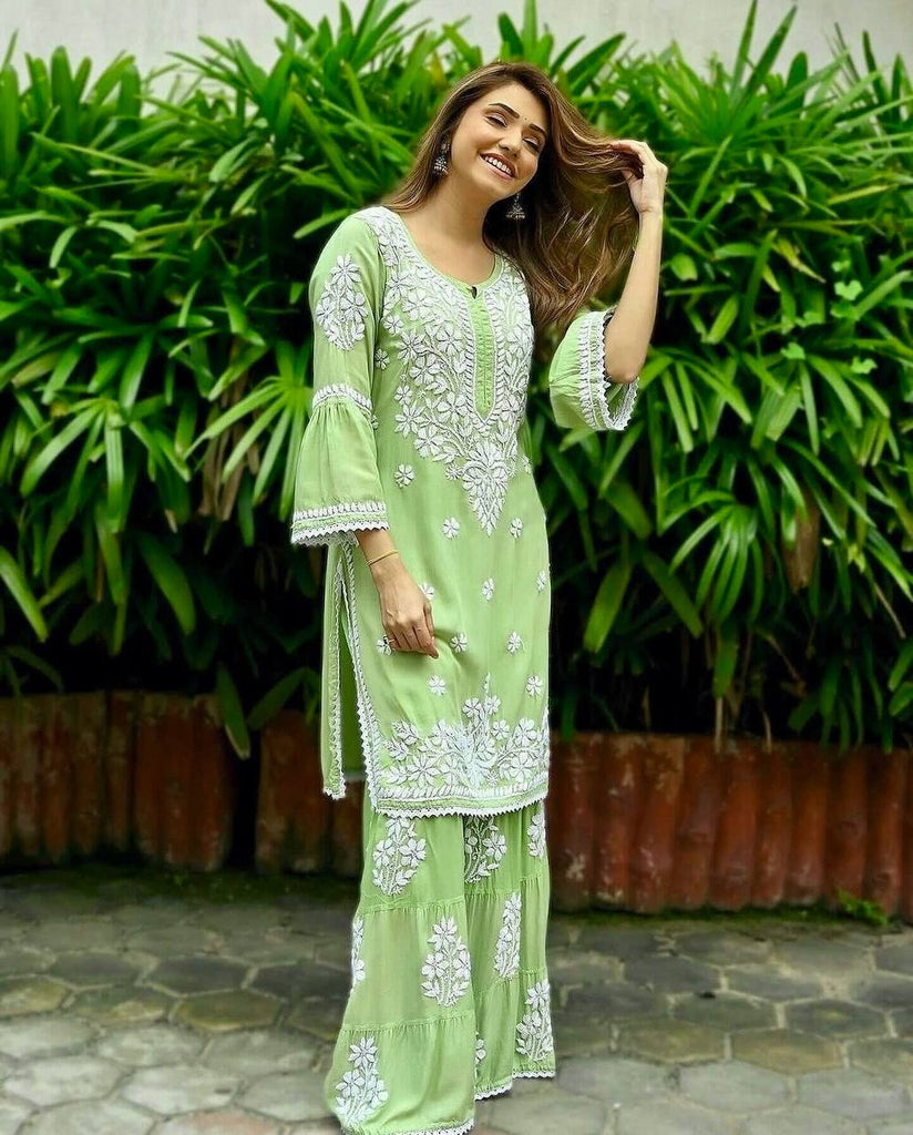 Light Green Premium Designer Rayon Top & Plazzo Set with Intricate Chickenkari Embroidery Clothsvilla