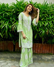 Load image into Gallery viewer, Light Green Premium Designer Rayon Top &amp; Plazzo Set with Intricate Chickenkari Embroidery Clothsvilla