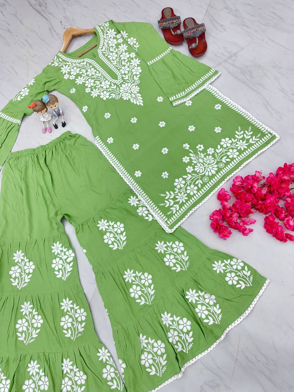 Light Green Premium Designer Rayon Top & Plazzo Set with Intricate Chickenkari Embroidery Clothsvilla