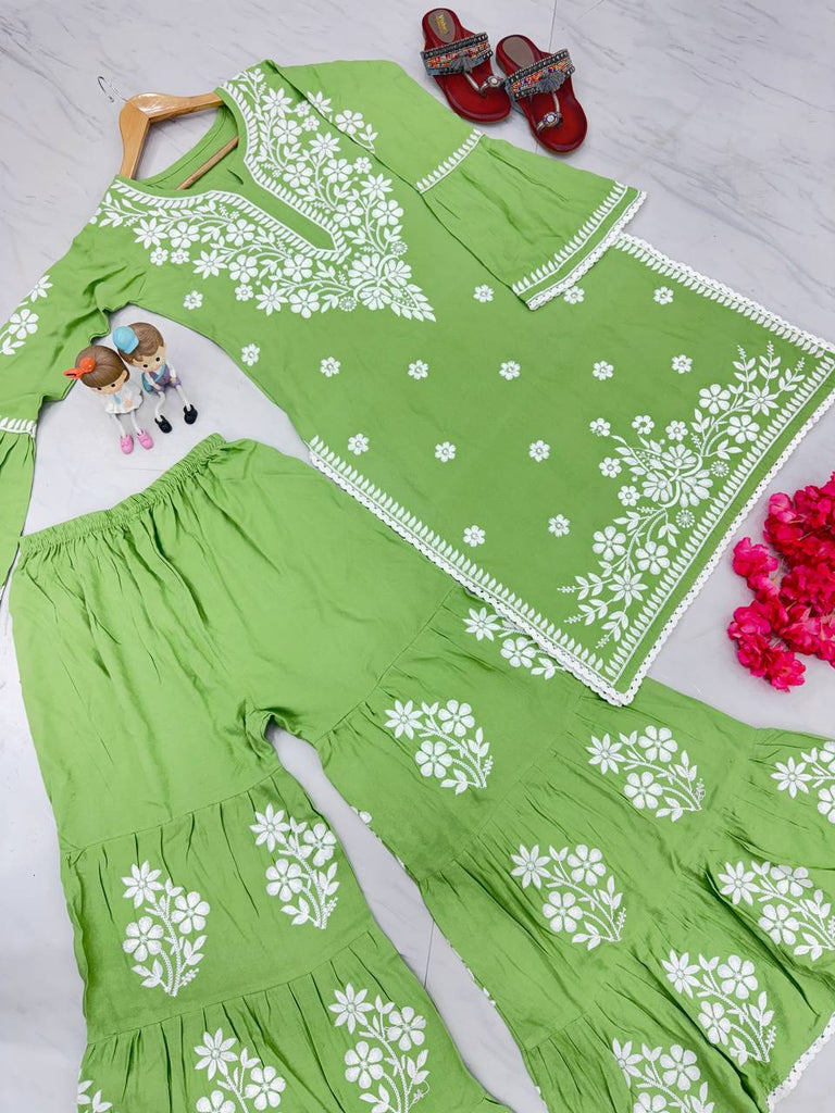 Light Green Premium Designer Rayon Top & Plazzo Set with Intricate Chickenkari Embroidery Clothsvilla