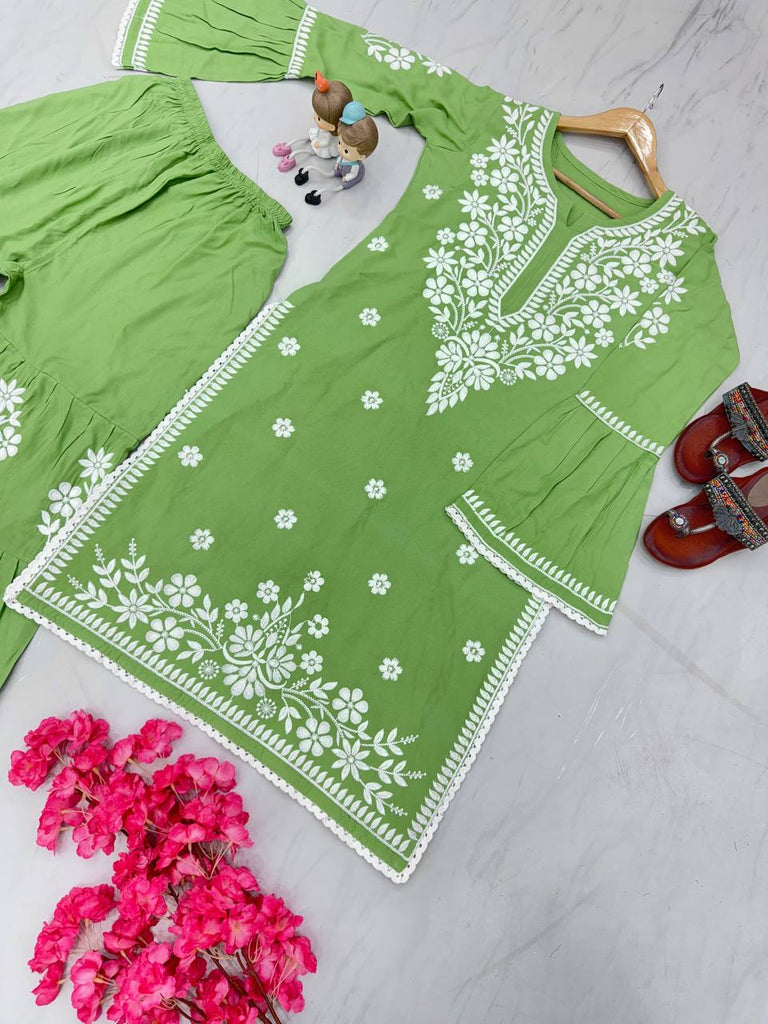 Light Green Premium Designer Rayon Top & Plazzo Set with Intricate Chickenkari Embroidery Clothsvilla