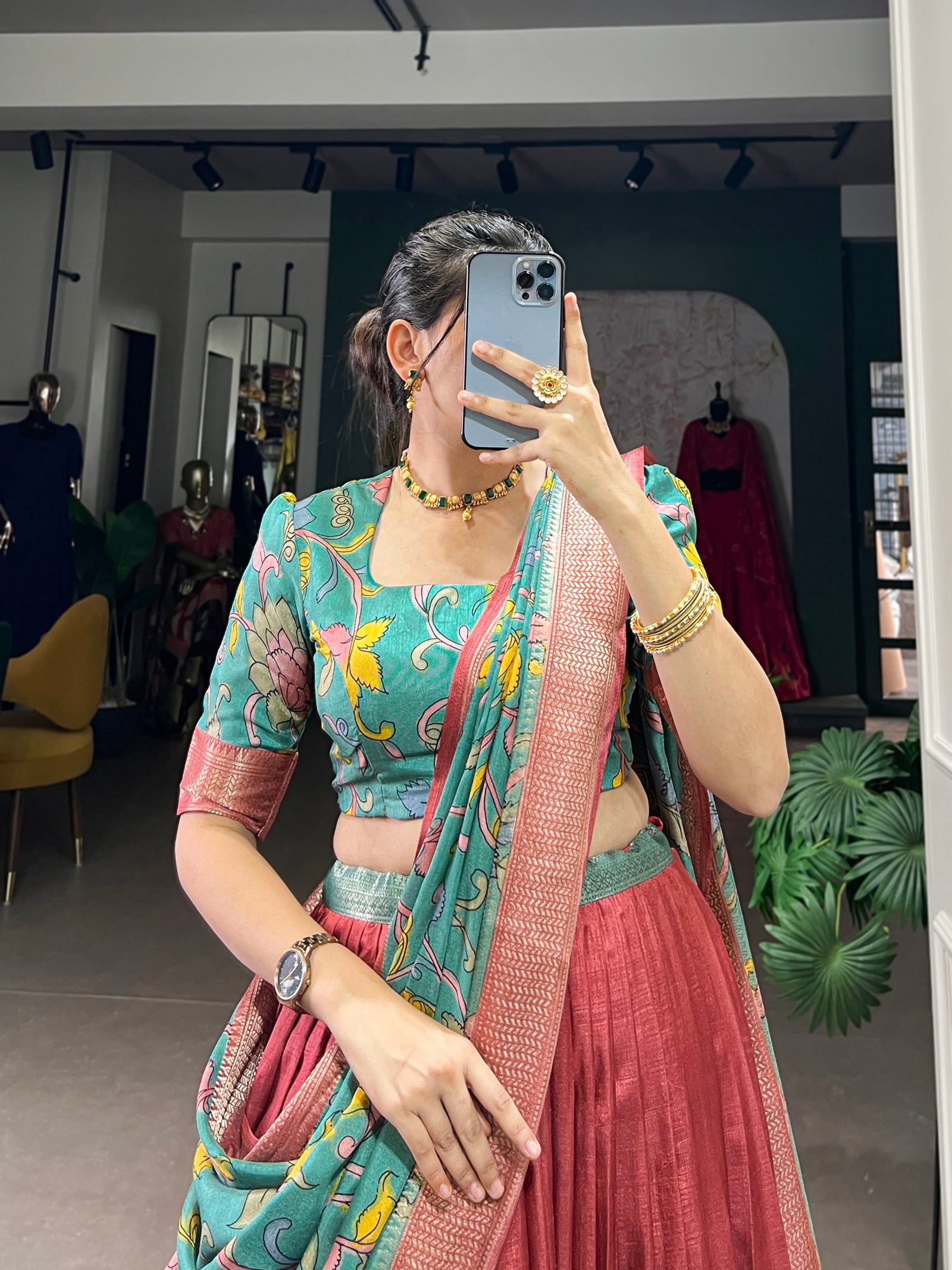 Light Maroon Dola Silk Kalamkari Lehenga Set with Zari Weaving Border