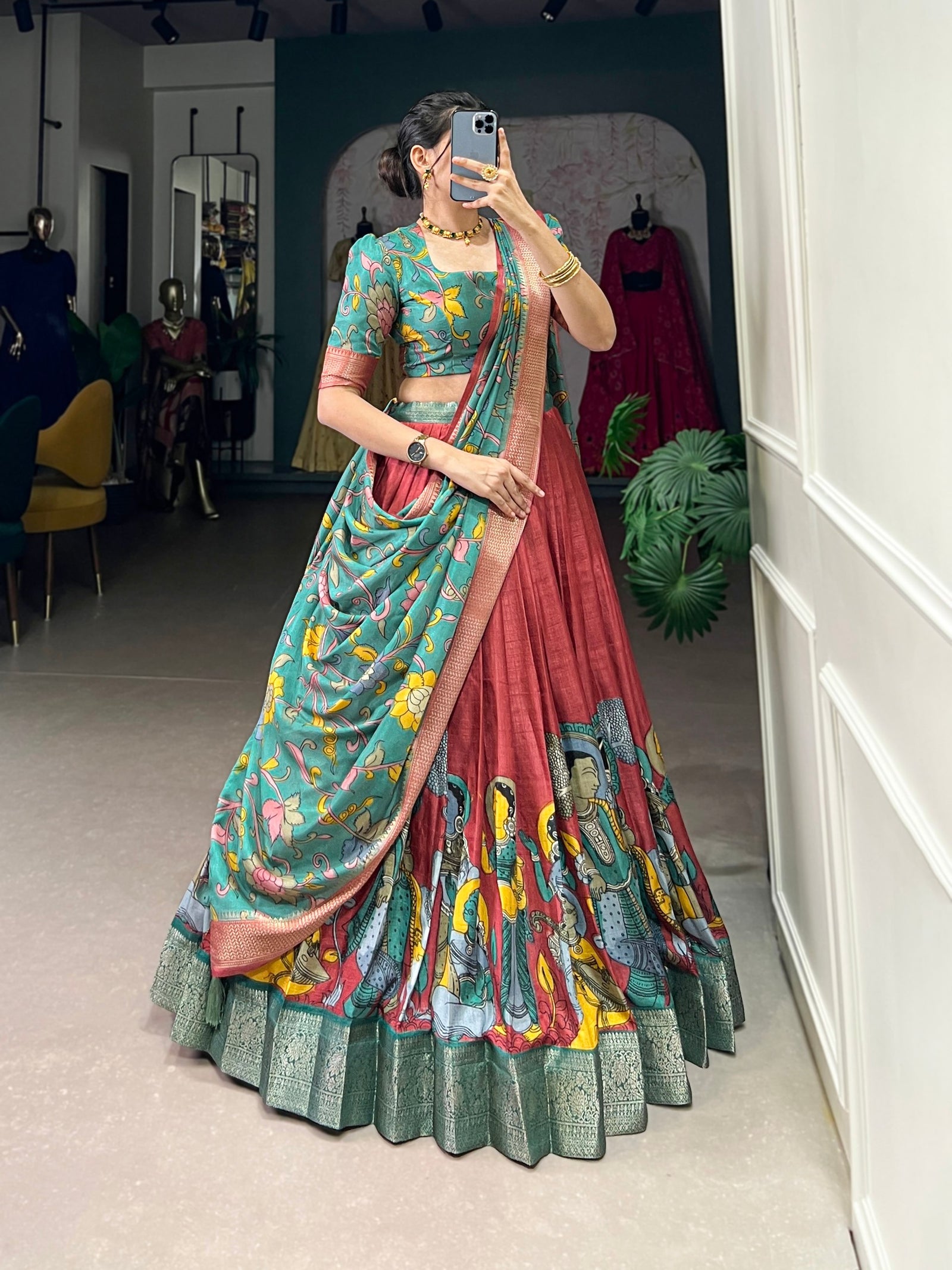 Light Maroon Dola Silk Kalamkari Lehenga Set with Zari Weaving Border