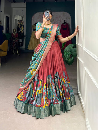 Light Maroon Dola Silk Kalamkari Lehenga Set with Zari Weaving Border