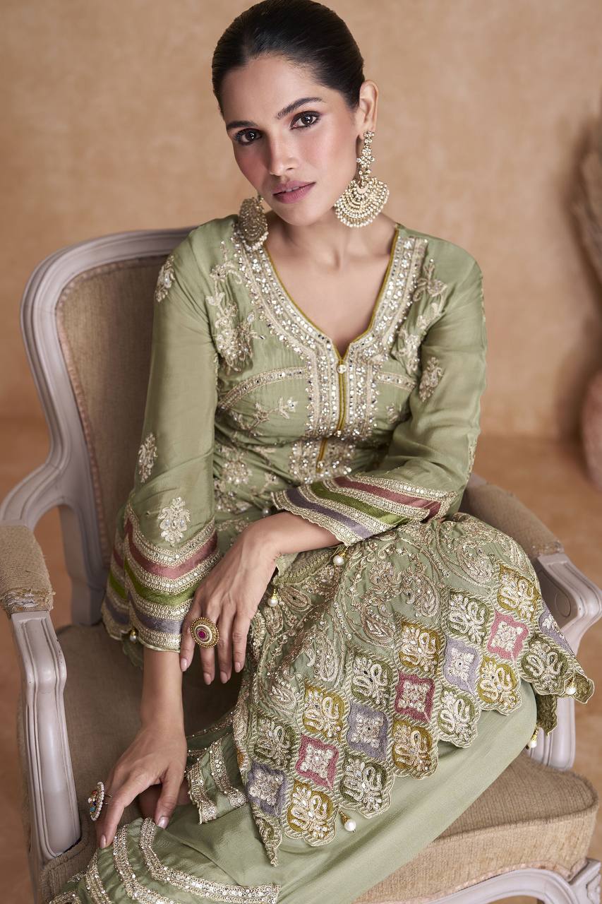 Light Mehendi Elegant Chinon Embroidered Suit Set with Dupatta ClothsVilla