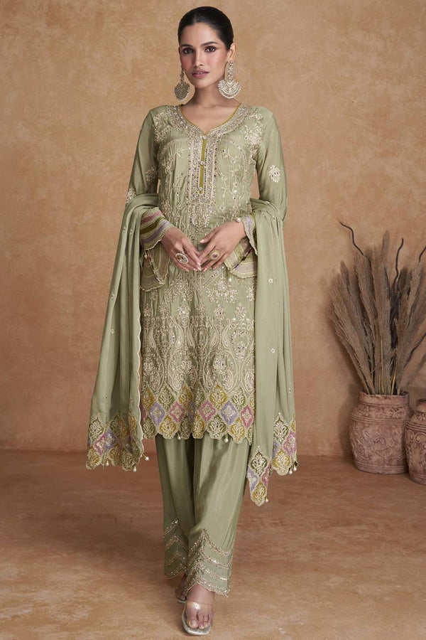 Light Mehendi Elegant Chinon Embroidered Suit Set with Dupatta ClothsVilla
