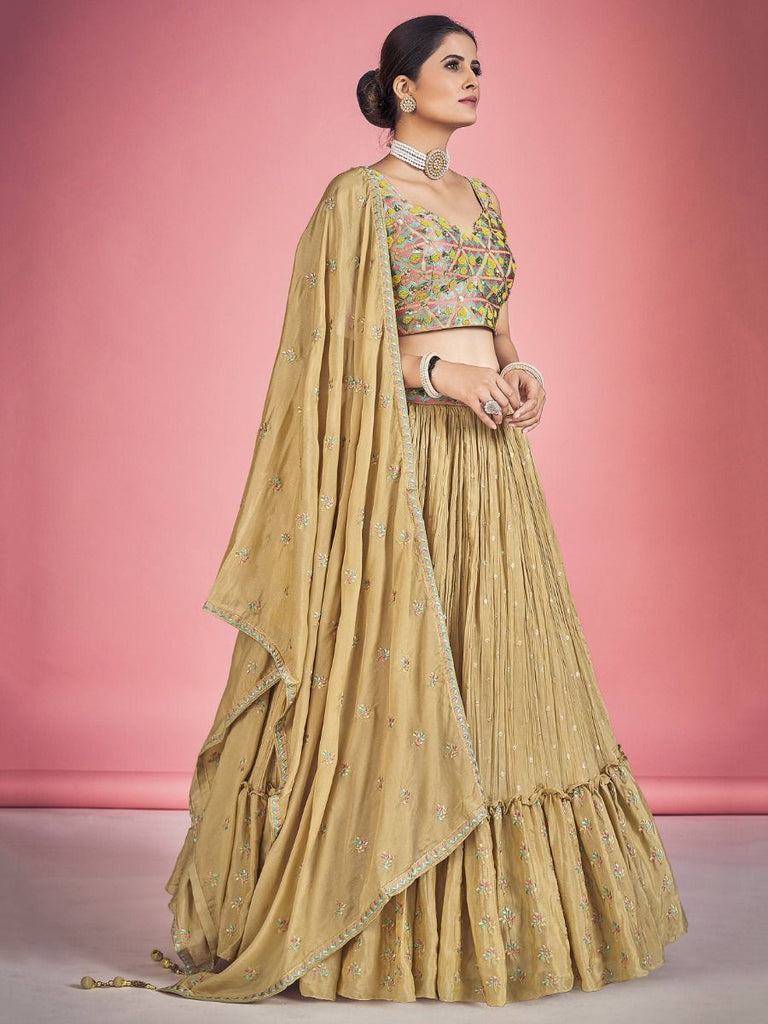 Light Orange Pakistani Georgette Lehenga Choli For Indian Festivals & Weddings - Thread Embroidery Work, Mirror Work Clothsvilla