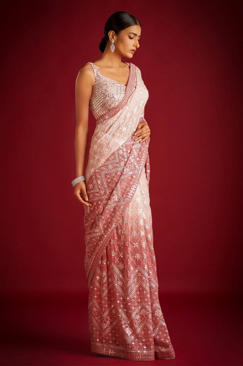 Light Peach Georgette Saree with Exquisite Embroidery ClothsVilla Main image