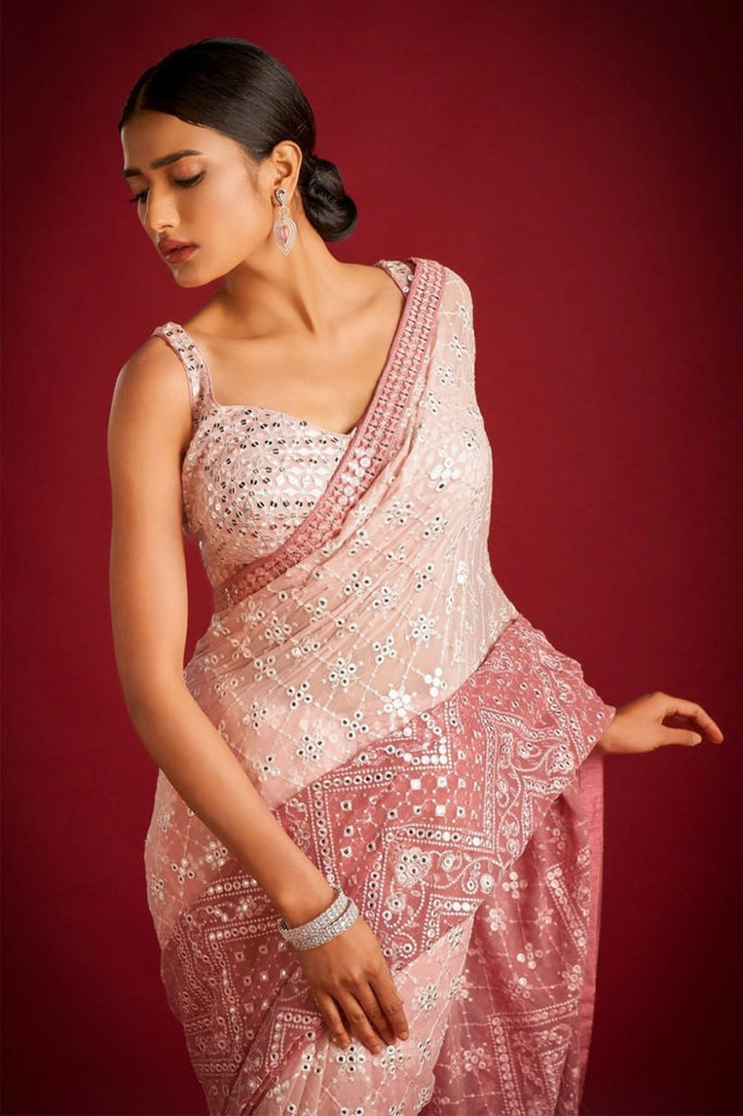 Light Peach Georgette Saree with Exquisite Embroidery ClothsVilla